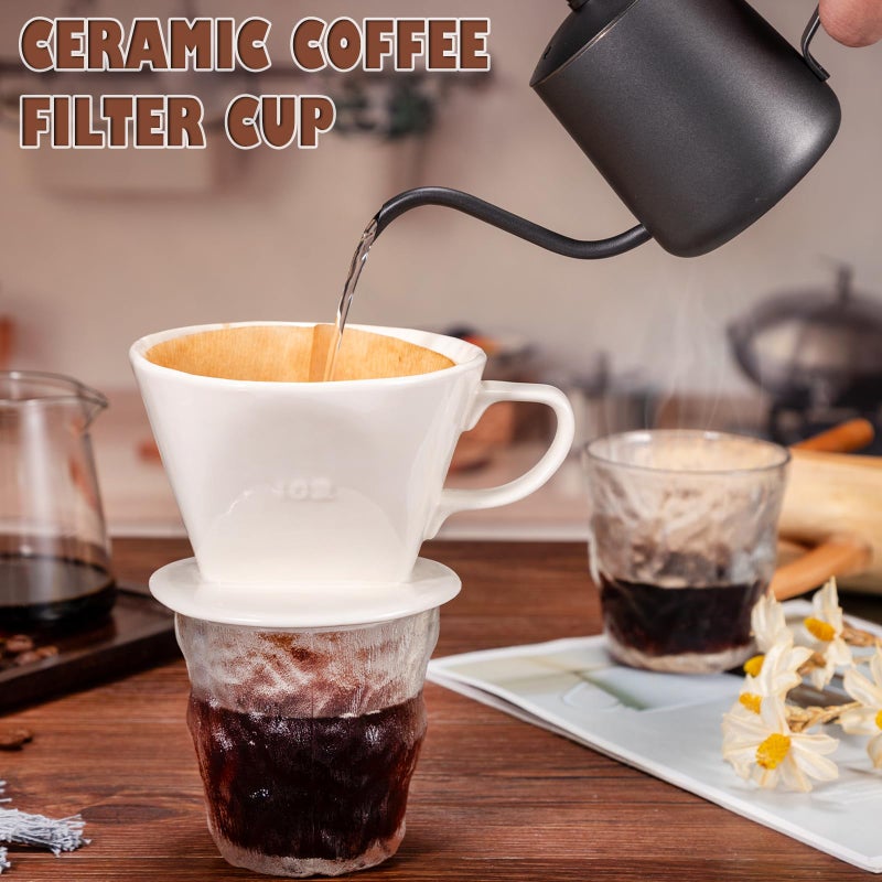 Noarixa Pour Over Coffee Dripper, Ceramic Pour Over Coffee Maker with 3 Holes Flat Bottom, Easy Manual Brew Maker, Porcelain Slow Filter Cone for Travel, Camping, Office, Home, WH - Image 4